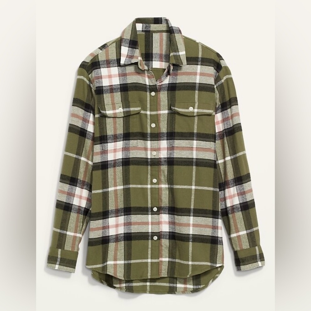 Old Navy Oversized Plaid Flannel Boyfriend Tunic Shirt, Olive Plaid, size L - Picture 2 of 4